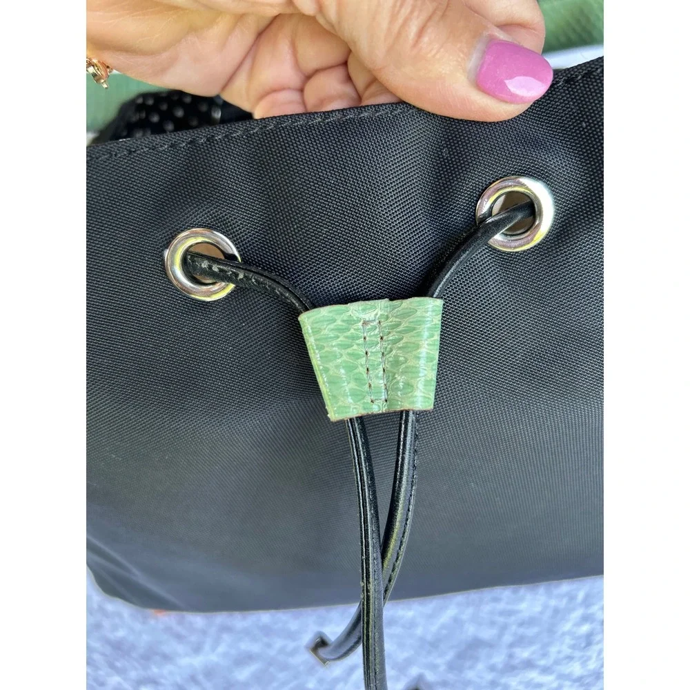 Kate Spade Drawstring Shoulder or Tote Bag Black Green Trim Nylon Like New!